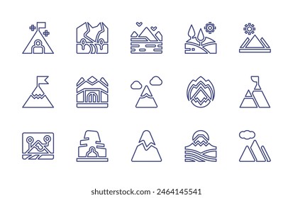 Conjunto de iconos de la línea de montaña. Trazo editable. Ilustración vectorial. Conteniendo meta, montañas, montaña, búnker, fuego, cerros, info, cueva, andes.