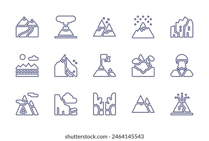 Mountain line icon set. Editable stroke. Vector illustration. Containing mountain, path, goal, landslide, fuji, cliff, eruption, volcano, rock, canyon.