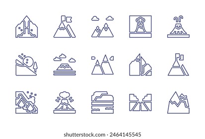 Mountain Line-Symbol gesetzt. Bearbeitbarer Strich. Vektorillustration. Berge, Berge, Tafelberg, Tor, Lawine, Vulkan, Schlammstrom, Straße.