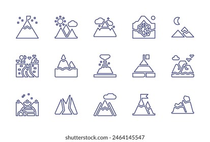 Mountain line icon set. Editable stroke. Vector illustration. Containing mountain, mountains, volcano, goal, antarctic, glacier, river.