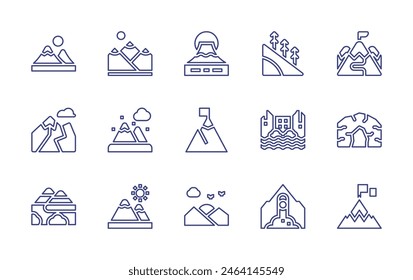 Mountain line icon set. Editable stroke. Vector illustration. Containing goal, cave, mountain, mountains, fuji, ramp, hiilside, waterfall, debrisflow, sunset.