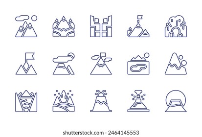 Mountain line icon set. Editable stroke. Vector illustration. Containing cave, fujimountain, mountains, mountain, achievement, target, canyon, volcano, lake.