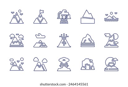 Mountain line icon set. Editable stroke. Vector illustration. Containing goal, mountains, mountain, fujimountain, mine, kenya, volcano, cave, explosion.