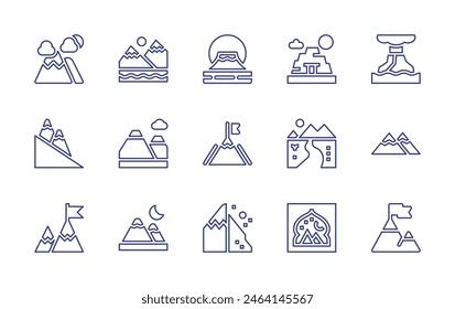 Mountain line icon set. Editable stroke. Vector illustration. Containing mountains, goal, mountain, fujimountain, mine, isha, landslide, river, volcano.