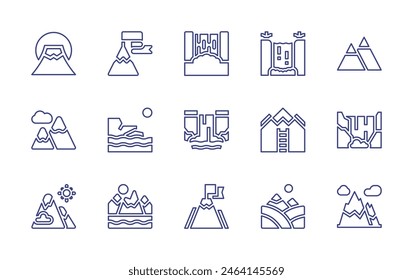 Mountain line icon set. Editable stroke. Vector illustration. Containing mountains, alps, waterfall, mountain, fujimountain, hills, peak, goal.