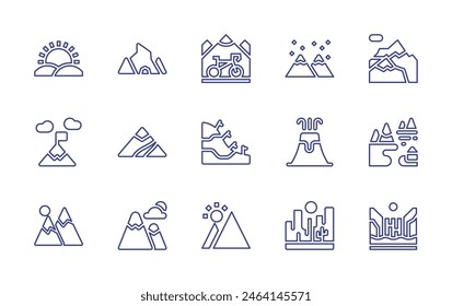 Mountain line icon set. Editable stroke. Vector illustration. Containing cave, landscape, waterfalls, mountain, mountains, canyon, slalom, volcano, hills, aconcagua.