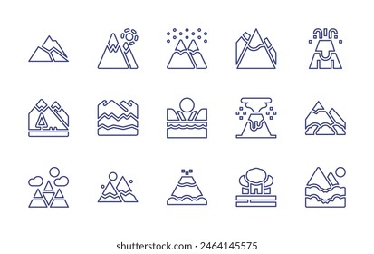 Mountain line icon set. Editable stroke. Vector illustration. Containing mountain, mountains, volcano, geyser, beach.