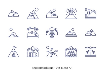 Mountain line icon set. Editable stroke. Vector illustration. Containing mountain, bunker, desert, mountains, altitude, mine, volcanoeruption, uluru, nature.