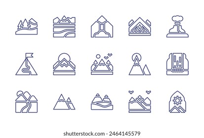 Mountain line icon set. Editable stroke. Vector illustration. Containing mission, mountain, mountains, landscape, tent, avalanche, achievement, dzuhur, waterfall, volcano.