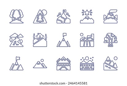 Mountain line icon set. Editable stroke. Vector illustration. Containing hill, house, river, mountain, goal, moon, travel, growth, mine, volcano.