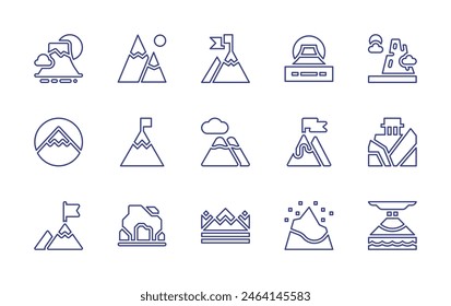 Mountain line icon set. Editable stroke. Vector illustration. Containing goal, cave, mountain, fuji, mission, olympus, volcano.