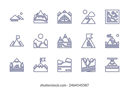 Mountain line icon set. Editable stroke. Vector illustration. Containing mountain, goal, cabin, landscape, bennevis, landslide, volcano, volcanicactivity.