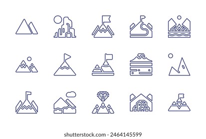 Mountain line icon set. Editable stroke. Vector illustration. Containing mountain, objective, mountains, altitude, fujimountain, mission, trekking, goal, village, camping.