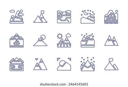 Mountain line icon set. Editable stroke. Vector illustration. Containing mountain, goal, fujimountain, mountains, field, night, lake, landscape, sailingboat.