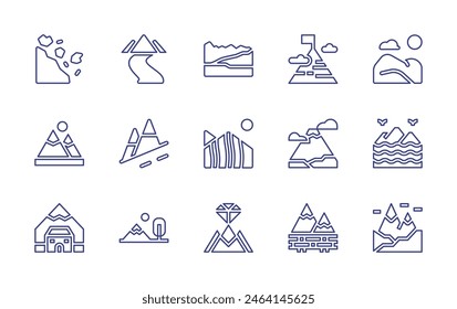 Mountain line icon set. Editable stroke. Vector illustration. Containing landslip, river, island, mountains, cottage, mountainrange, mountain, rainbow, nationalpark, mountararat, goal, hills.