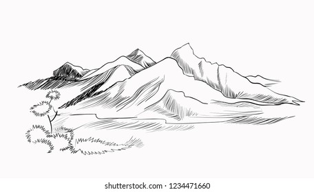 Hand Drawn Vector Landscape Mountains Trees Stock Vector (Royalty Free ...