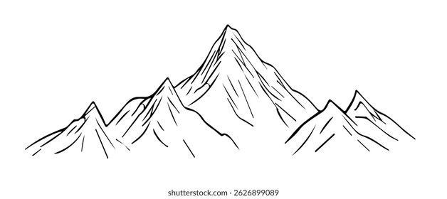 Linha de Montanha. Picos rochosos, linha de contorno. Elemento, ícone, projeto ecológico. Ilustração em preto e branco de vetor isolada