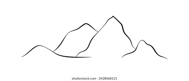 Mountain line. Simple minimal landscape. Linear silhouette of mountains. Outline rocky peaks icon, contour line. Element for cover, print, eco design. Vector illustration on white.