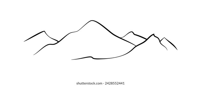 Línea de montaña. Simple paisaje mínimo. Silueta lineal de montañas. Icono de contorno de picos rocosos, línea de contorno. Elemento, icono para la cubierta, impresión, diseño ecológico. Ilustración vectorial en blanco.