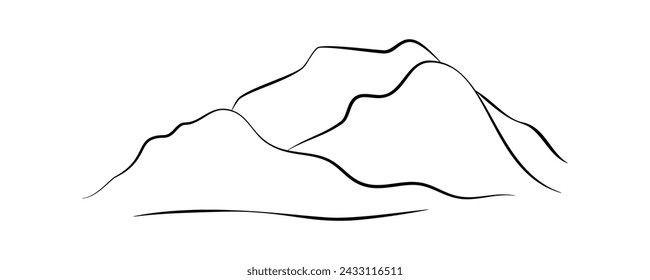 In: Mountain Line. Einfache minimale Landschaft. Lineare Silhouette der Berge. Umriss Rocky Peaks Symbol, Konturlinie. Element für Abdeckung, Druck, Ökodesign. Vektor-Illustration auf weiß.