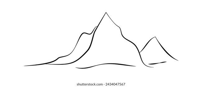 Mountain line. Simple minimal landscape. Linear silhouette of mountains. Outline rocky peaks icon, contour line. Element for cover, print, eco design. Vector illustration on white.