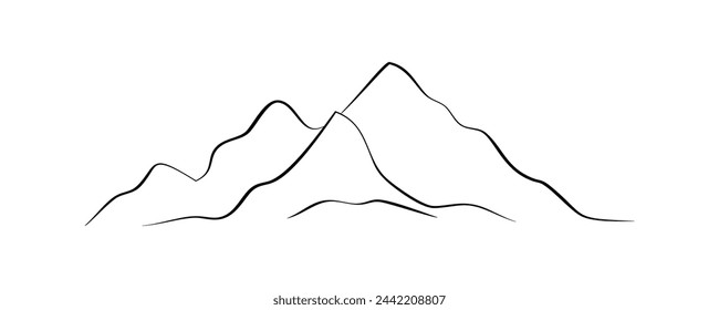 Mountain line. Simple minimal landscape. Linear silhouette of mountains. Outline rocky peaks icon, contour line. Element for cover, print, eco design. Vector illustration on white.