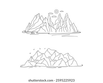 Mountain line. Simple minimal landscape. Linear silhouette of mountains. Abstract mountain range landscape background. Simple line drawing of mountains and sun. Modern one line nature illustration.