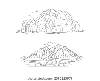 Mountain line. Simple minimal landscape. Linear silhouette of mountains. Abstract mountain range landscape background. Simple line drawing of mountains and sun. Modern one line nature illustration.