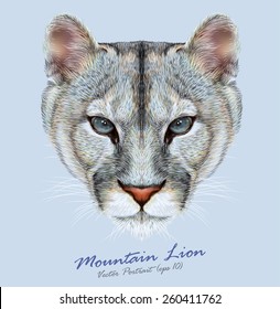 Mountain lion animal cute face. Vector American cougar head portrait. Realistic fur portrait of puma wildcat panther isolated on blue background.