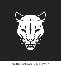 Mountain lion hand-drawn head logo. Sports Cougars logo. Big cat vector illustration isolated on a black background. Usable for labels, event banners, or advertisements.