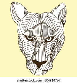 Mountain lion head illustration on simple yellow background 