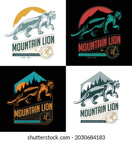 Mountain lion label tag. Vector illustration of cougar in engraving technique with lettering in retro design.