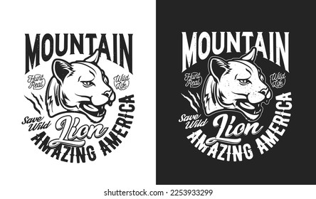 Mountain lion mascot, t-shirt print for hunting sport and hunters club, vector emblem. Angry cougar lion or puma panther for African Safari open season badge or hunting club t-shirt print