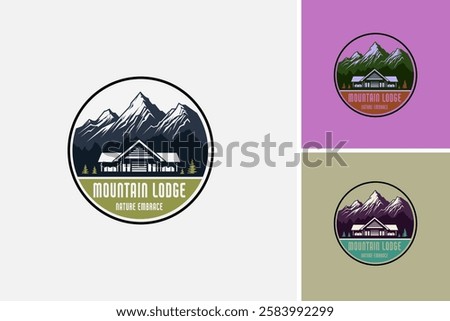 Mountain lodge with cabin nestled in mountains logo design, perfect for nature retreat brochures, adventure travel websites, vacation promotions, and outdoor tourism ads. EPS layered vector