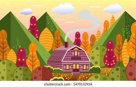 Mountain lodge in the forest. Traditional chalet at highland in the national park. Autumn adventure scene with wooden cabin in woods. Lonely house in forest landscape in flat design.
