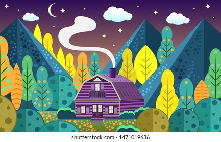 Mountain lodge in the forest. Traditional chalet at highland in the national park. Autumn adventure scene with wooden cabin in woods.Night landscape. Lonely house in forest landscape in flat design.
