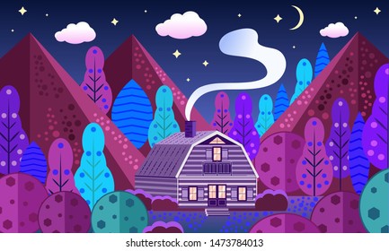 Mountain lodge in the forest. Traditional chalet at highland in the national park. Autumn adventure scene with wooden cabin in woods.Night landscape. Lonely house in forest landscape in flat design.
