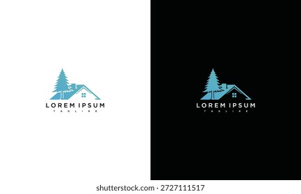 Mountain lodge illustration with trees and sample text on contrasting backgrounds