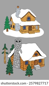 A mountain lodge nestled in the snow, with a cozy porch and warm atmosphere.