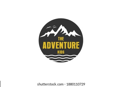 Mountain logo adventure, sunset icon, rocky mountain outdoor, hill hiking base camp. traveling symbol.