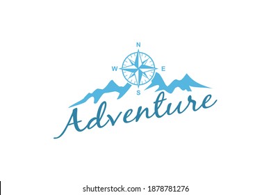 Mountain logo adventure, wind rose icon, rocky mountain outdoor, hill hiking base camp. traveling symbol.