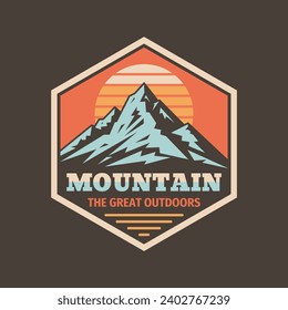 Mountain logo badge graphic design. Hiking climbing emblem. Expedition adventure outdoor sign. Vector illustration. Concept badge for t-shirt design.