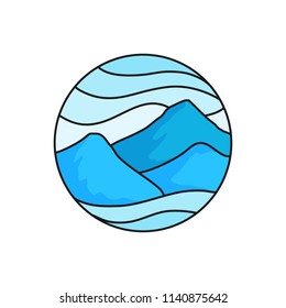 Mountain logo badge. High cloudy mountains illustration for trekking outdoor activity concept with circle frame. simple flat cartoon style vector design.