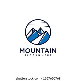 Mountain logo with circle line art concept, badge, outdoor, outline, climb, Premium Vector