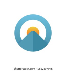 mountain logo in circle with sun - modern flat design