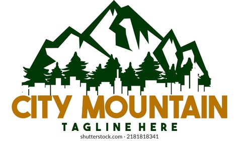 Mountain logo with city and tree silhouettes. Mountain tourism. symbols, logos, labels, flyers.