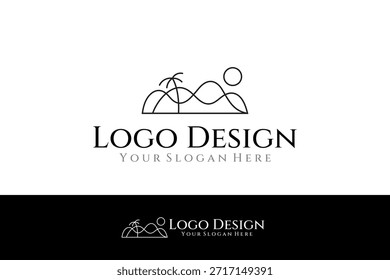 Logo de montaña con árbol de coco en estilo de diseño lineal abstracto