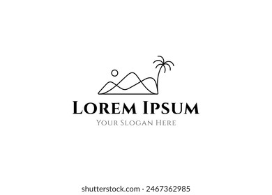 mountain logo with coconut tree and sun in linear design