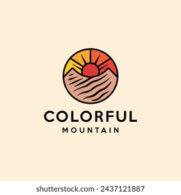 Vector colorido del logotipo de la montaña, símbolo del icono del pico alto de Monoline, diseño gráfico vintage creativo de las vacaciones