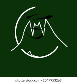 O logotipo da montanha está decorado com nuvens negras e uma lua meia-redonda